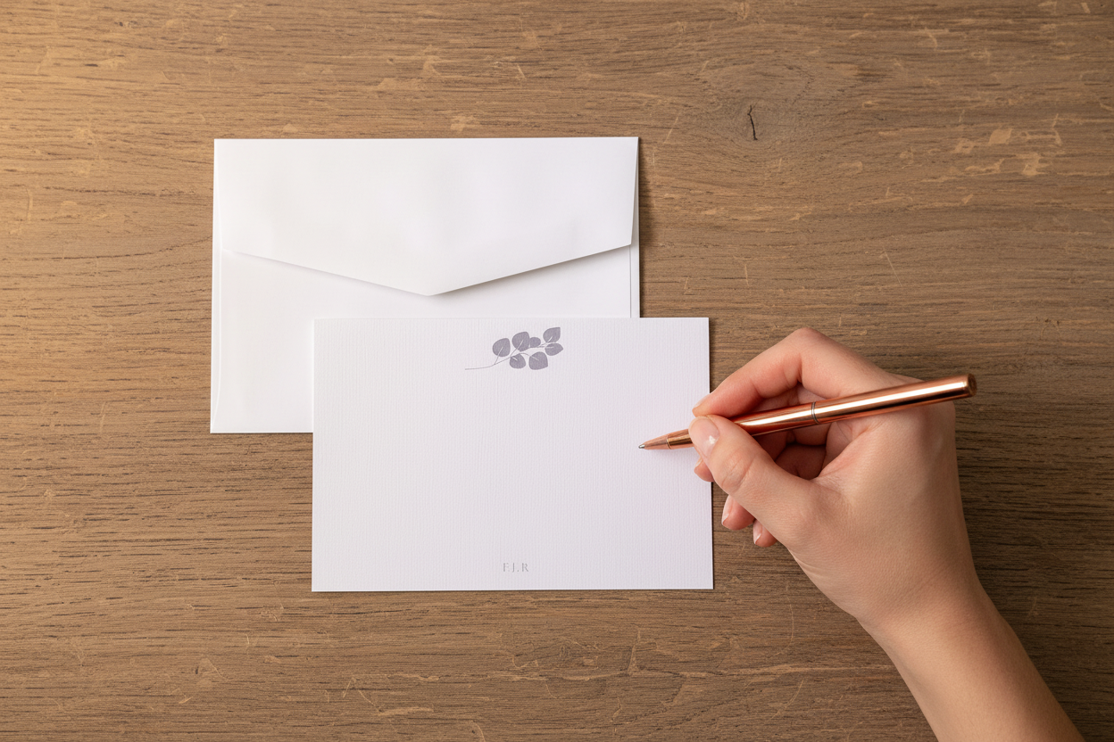 Hand writing on a card with an envelope on a wooden surface