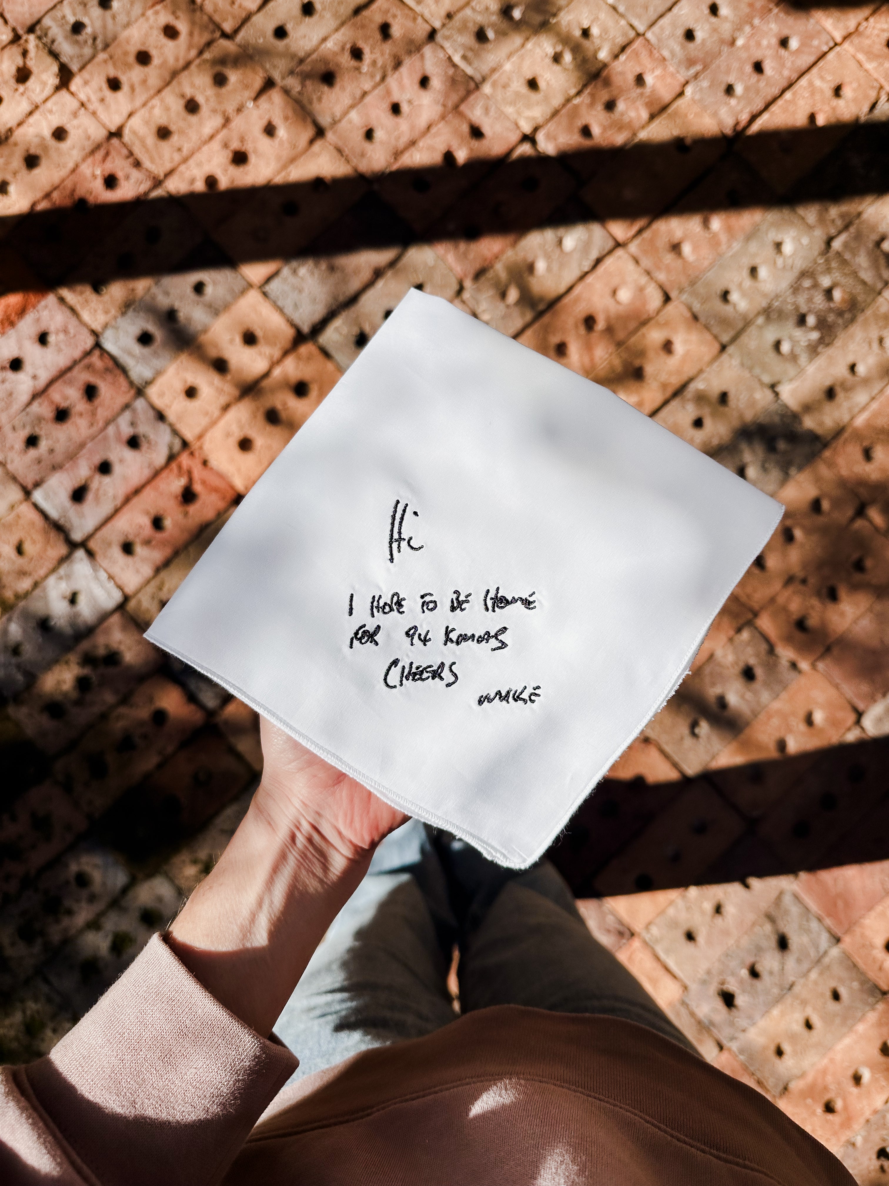 Embroidered handkerchief handwritten note keepsake