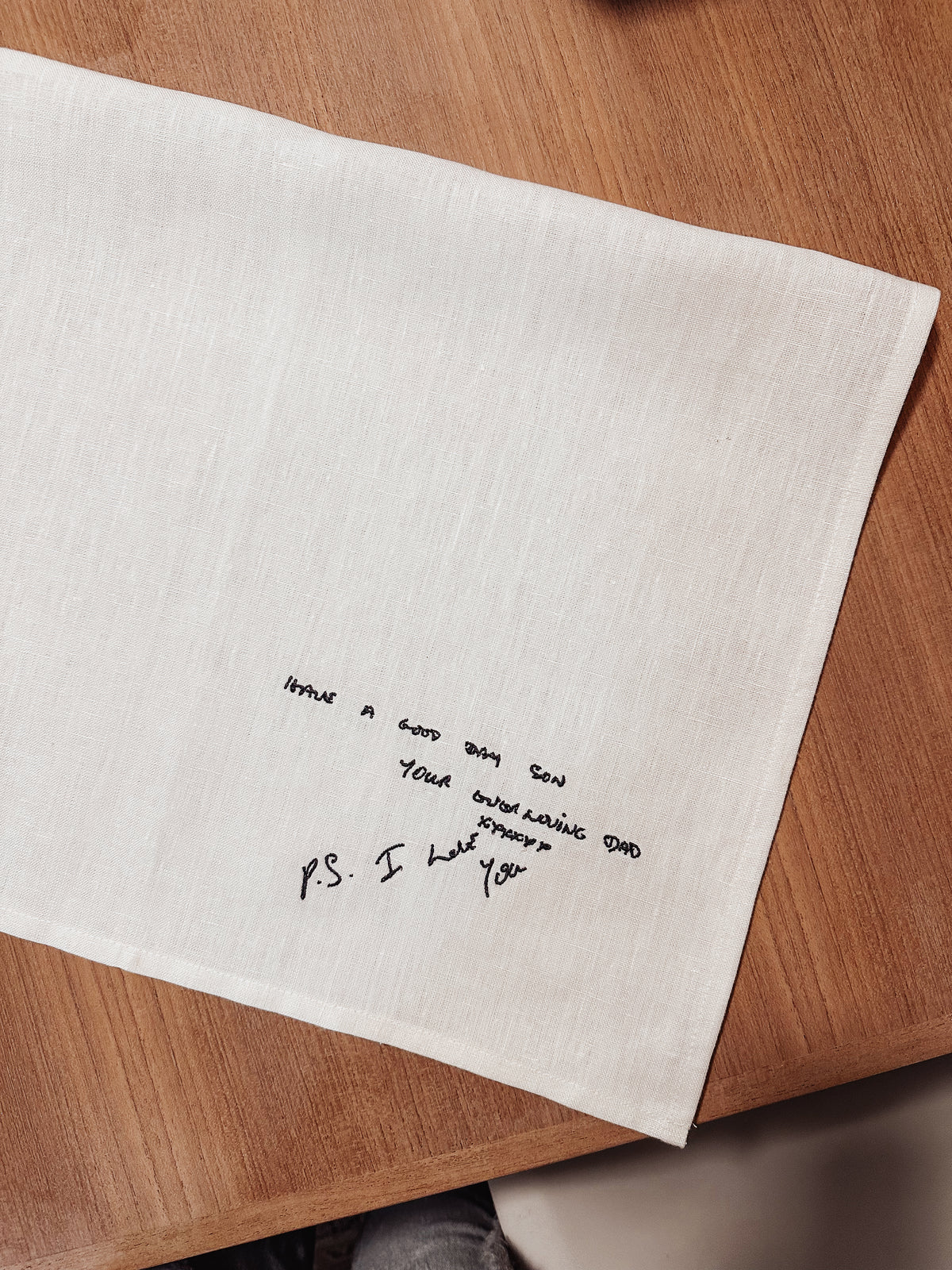 Embroidered Handwriting Replica Linen Tea Towel Keepsake