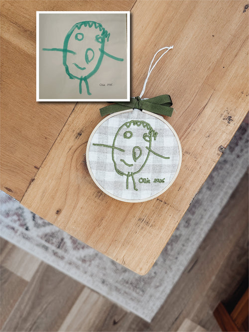 Christmas ornament with custom embroidery of children's handwriting or drawing
